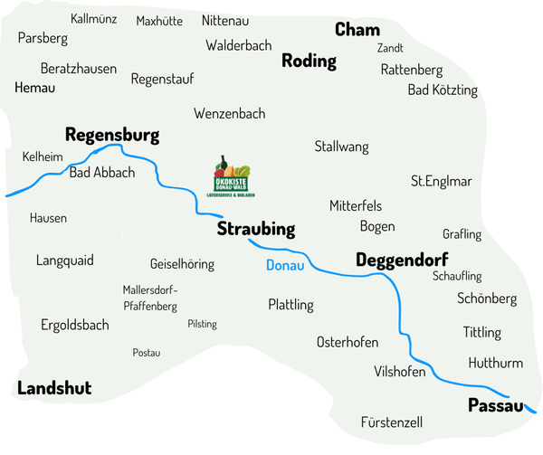 KI generiert: Die Karte zeigt die Region Niederbayern mit Städten entlang der Donau, darunter Regensburg, Straubing, Deggendorf und Passau. Sie hebt den Lieferbereich und die Abholung der Ökokiste Donau-Wald hervor.