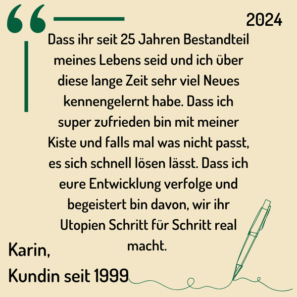 KI generiert: Eine Kundin namens Karin äußert ihre Zufriedenheit und langjährige Treue seit 1999, lobt die Entwicklungen und Lösungen des Unternehmens. Sie ist begeistert davon, wie das Unternehmen Utopien verwirklicht.